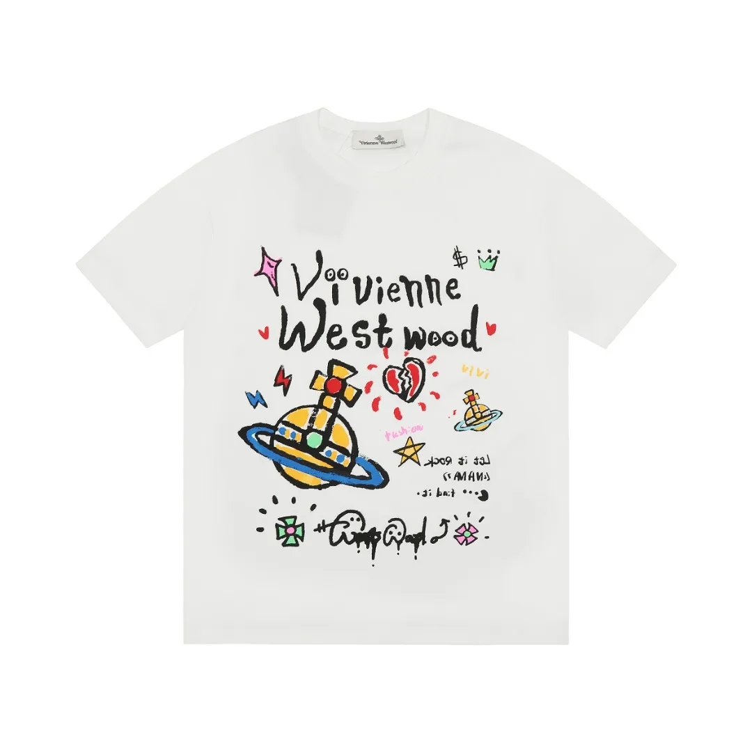 vivienne west wood Vivienne 2024 graffiti spray-painted letter full printed short sleeves 2024 top hot style No need to say more, directly open the details YB mold opening, correct seam details, full range of correct accessories, every detail is completely restored, directly filled up Color: White Size: XS-L